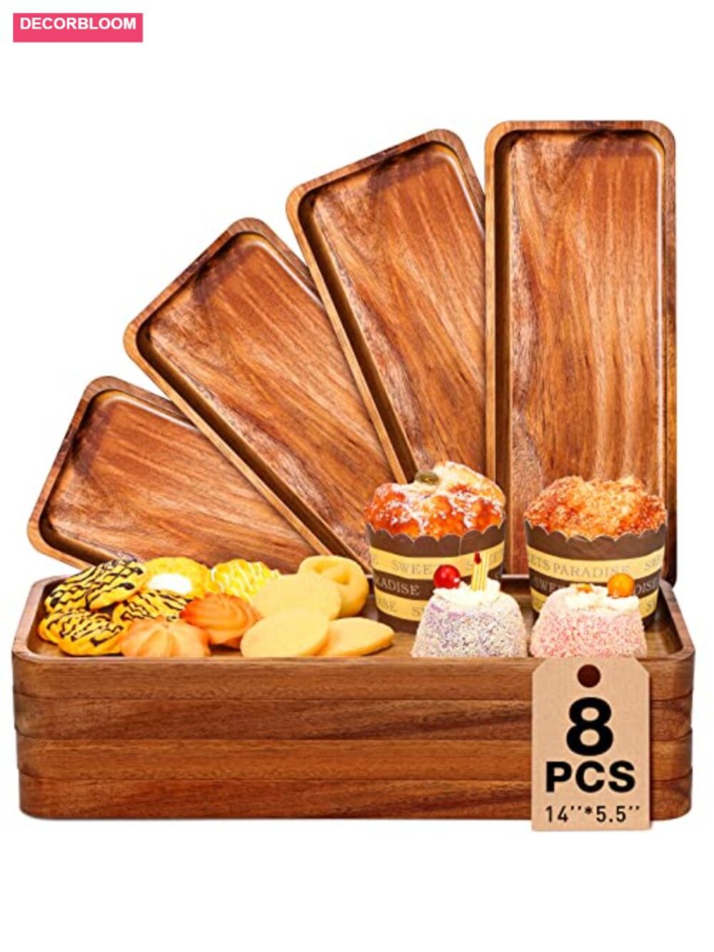 8 Pack Acacia Wood Serving Trays 14x5.5 Charcuterie Platters